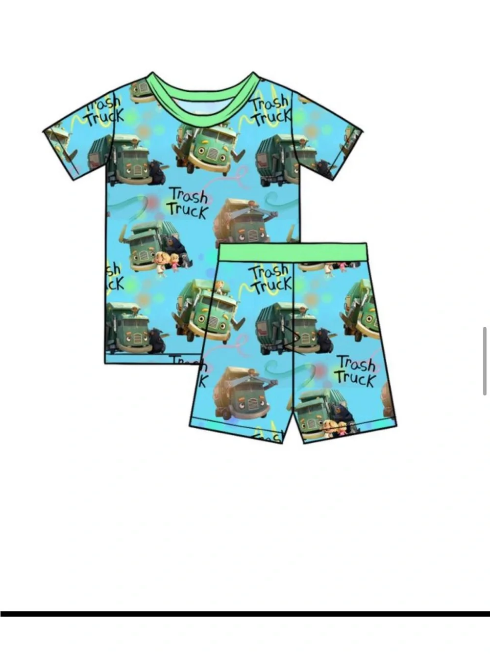 BAMBOO Blue and Green Trash Truck Kids Short Pajama Set - Picture 1 of 1
